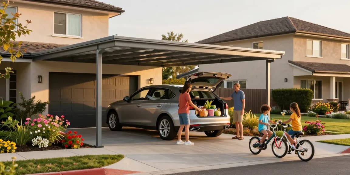 Moderne Carport-Konstruktion in Wohnviertel mit Familie, die Einkäufe aus dem Auto auslädt.
