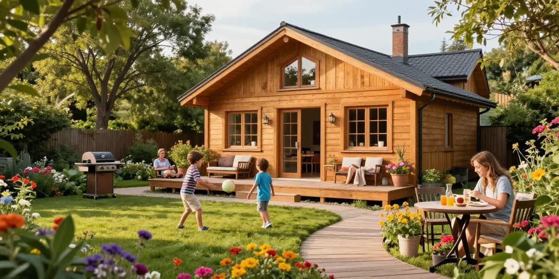 Wunderschönes Garten Haus aus Holz in einem einladenden Garten mit spielenden Kindern.