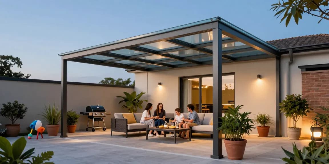 Familie genießt Zeit unter einer Terrassenüberdachung mit modernen Möbeln und Pflanzen im Freien.