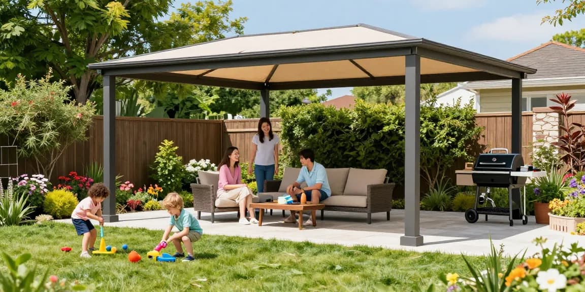 Freistehende Terrassenüberdachung im Garten mit Familie, die einen sonnigen Tag genießt.